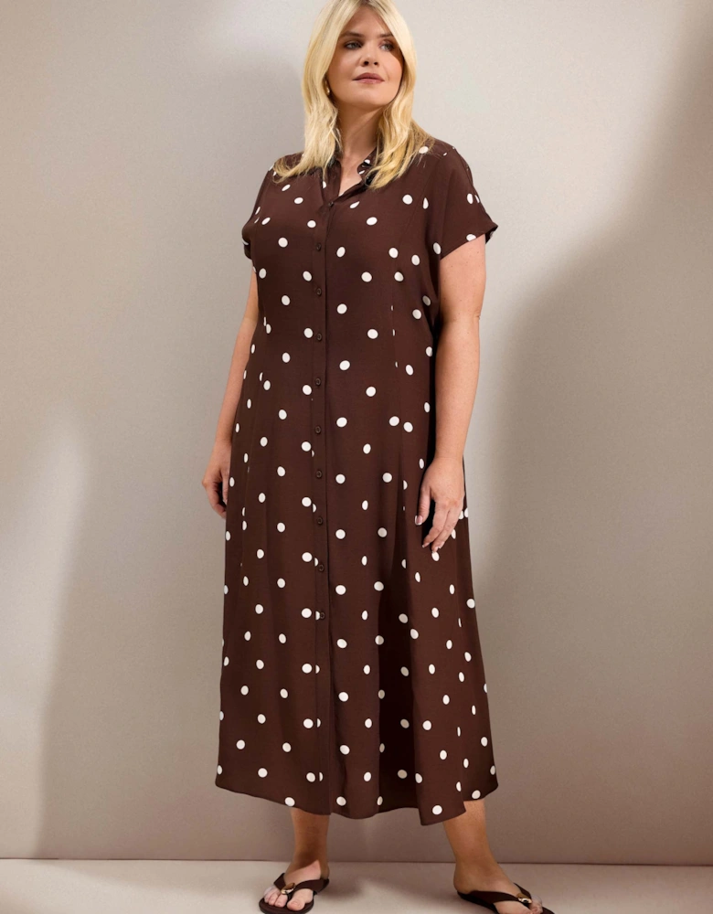 Petite Chocolate Polka Dot Print Midaxi Shirt Dress