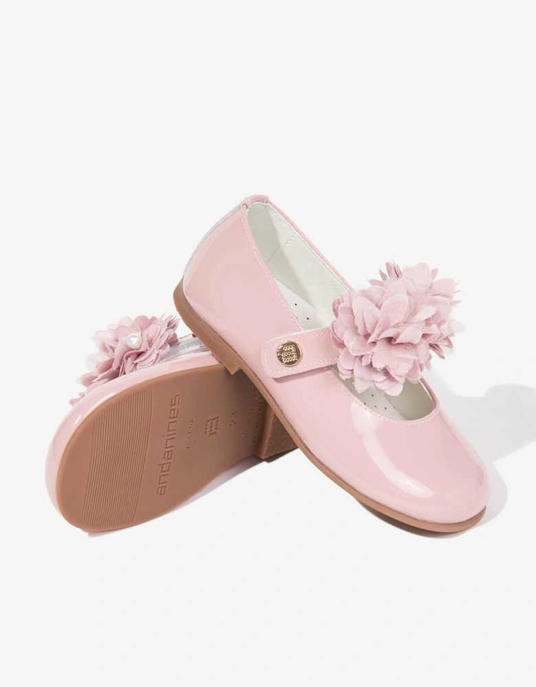 Andanines Girls Leather Flower Pumps in Pink