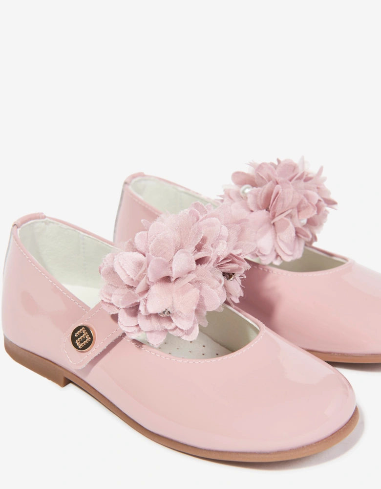 Andanines Girls Leather Flower Pumps in Pink
