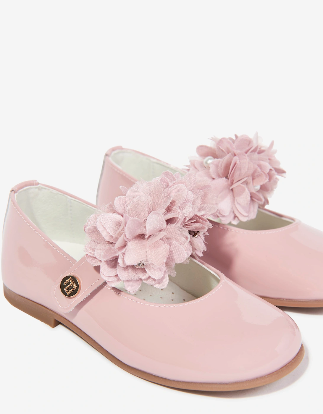 Andanines Girls Leather Flower Pumps in Pink
