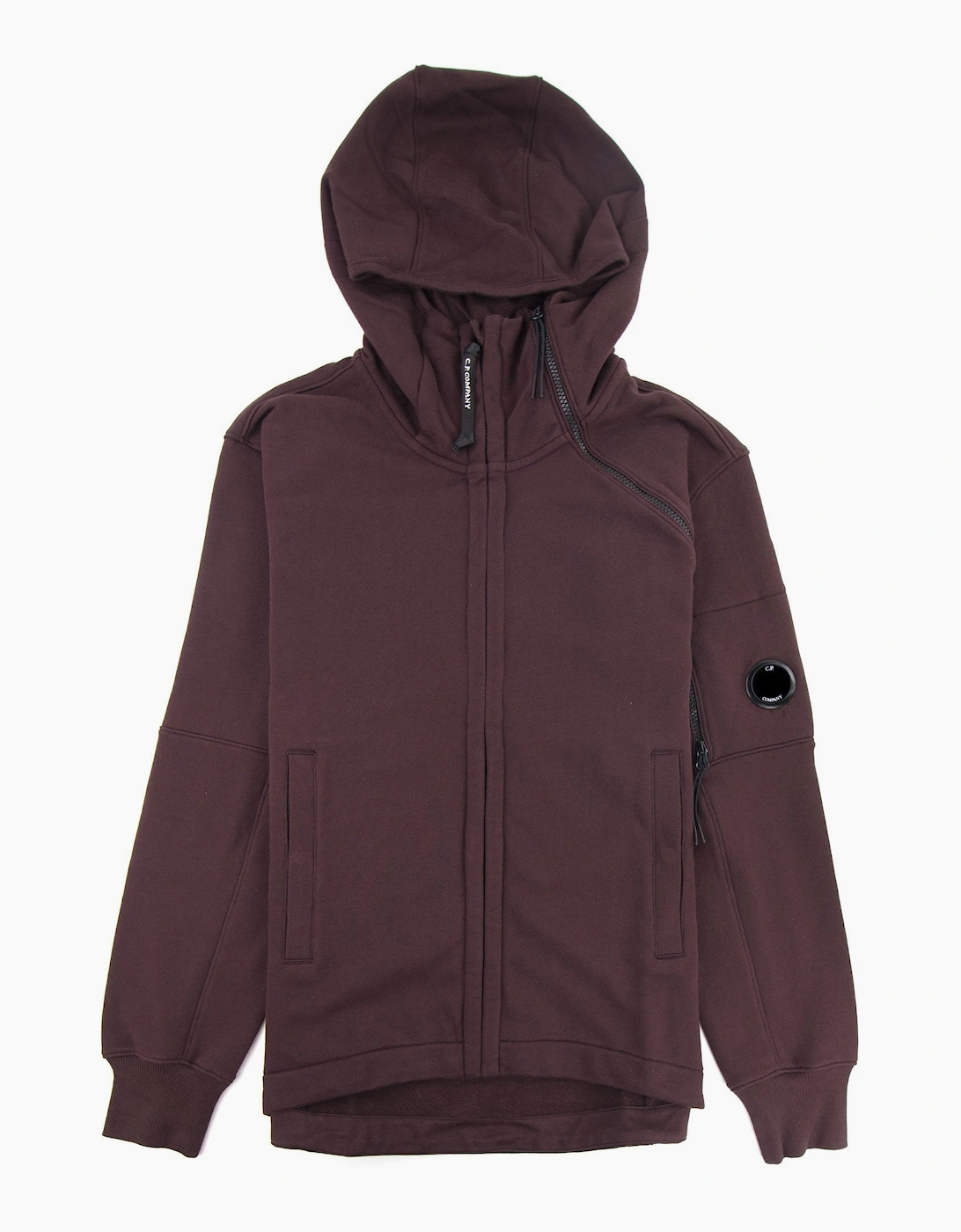Cp Company Men's Bitter Chocolate Diagonal Raised Fleece Double Zip Lens Hoodie 593 - Size: 40