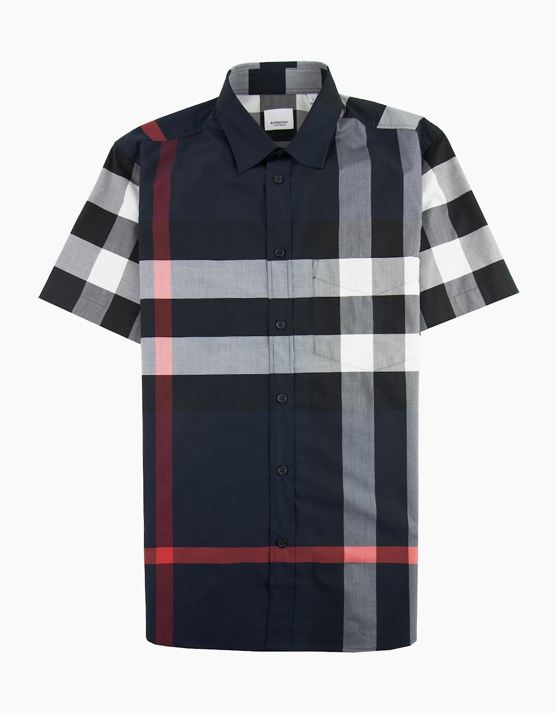 Burberry Men's Navy Short-Sleeve Check Stretch Cotton Poplin Shirt - Size: Regular/36