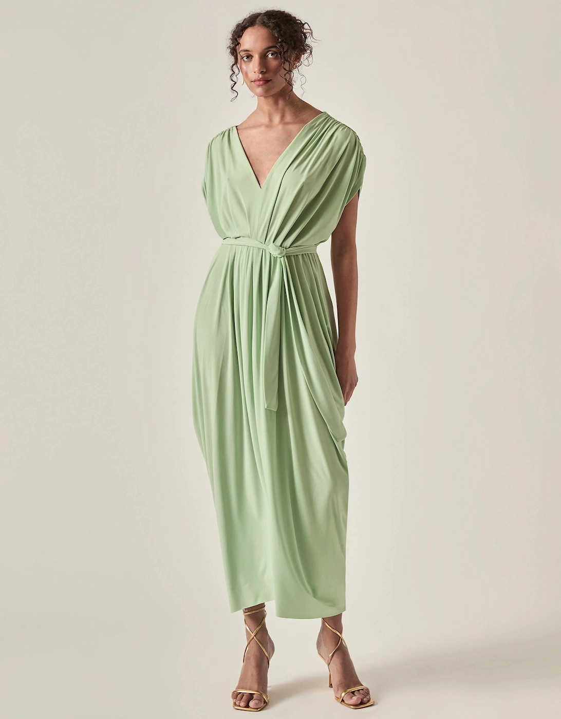 Draped Open-Back Midi Dress – Sage Green