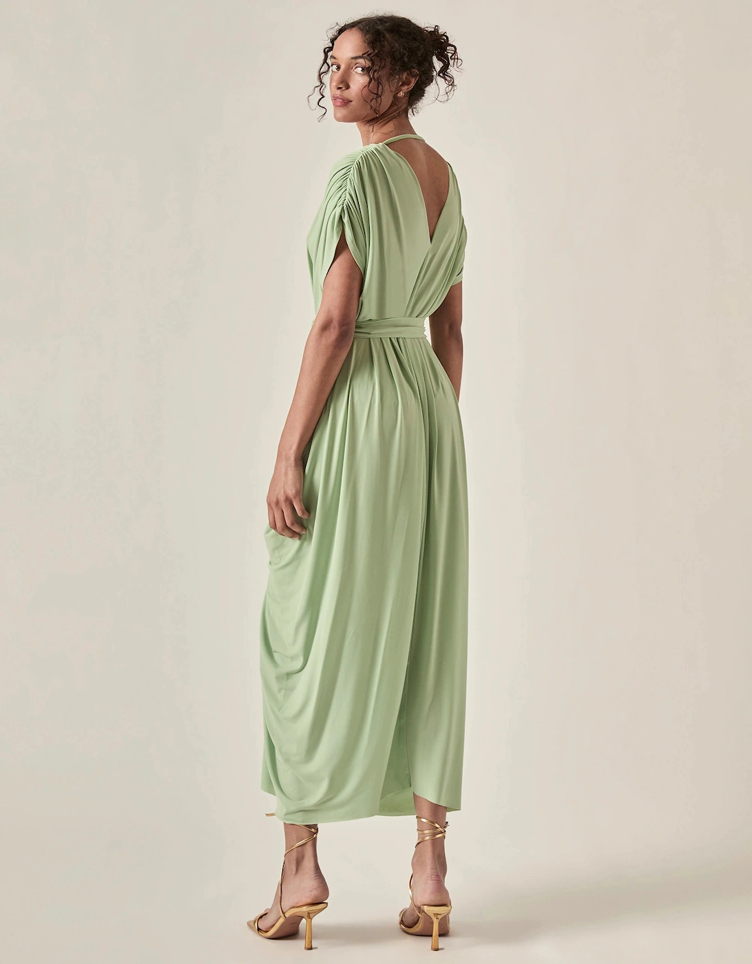 Draped Open-Back Midi Dress – Sage Green