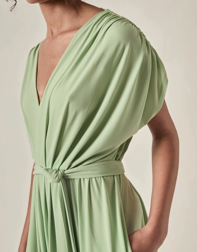 Draped Open-Back Midi Dress – Sage Green
