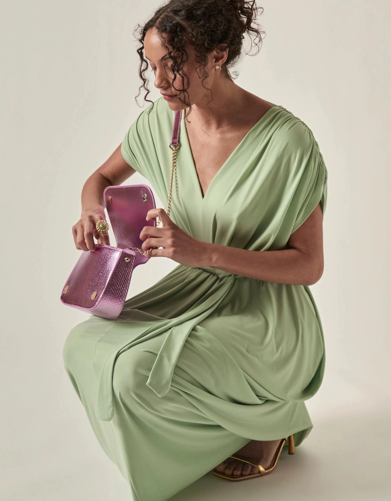 Draped Open-Back Midi Dress – Sage Green