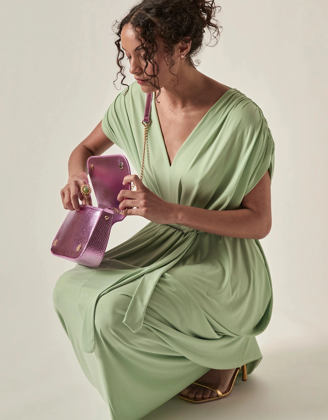 Draped Open-Back Midi Dress – Sage Green