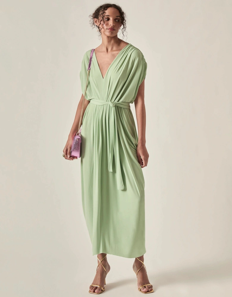 Draped Open-Back Midi Dress – Sage Green