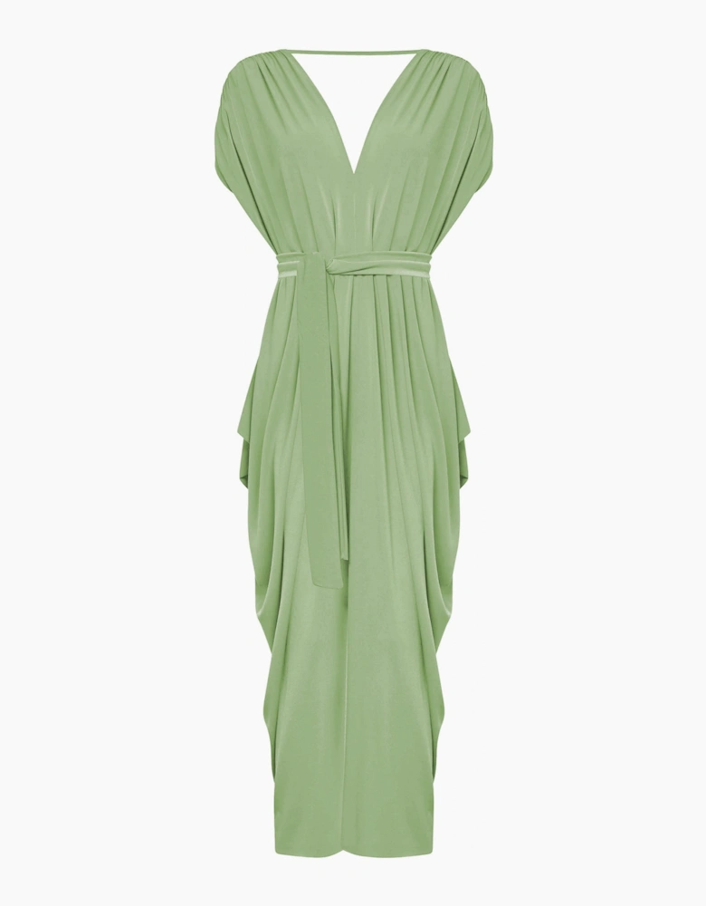 Draped Open-Back Midi Dress – Sage Green