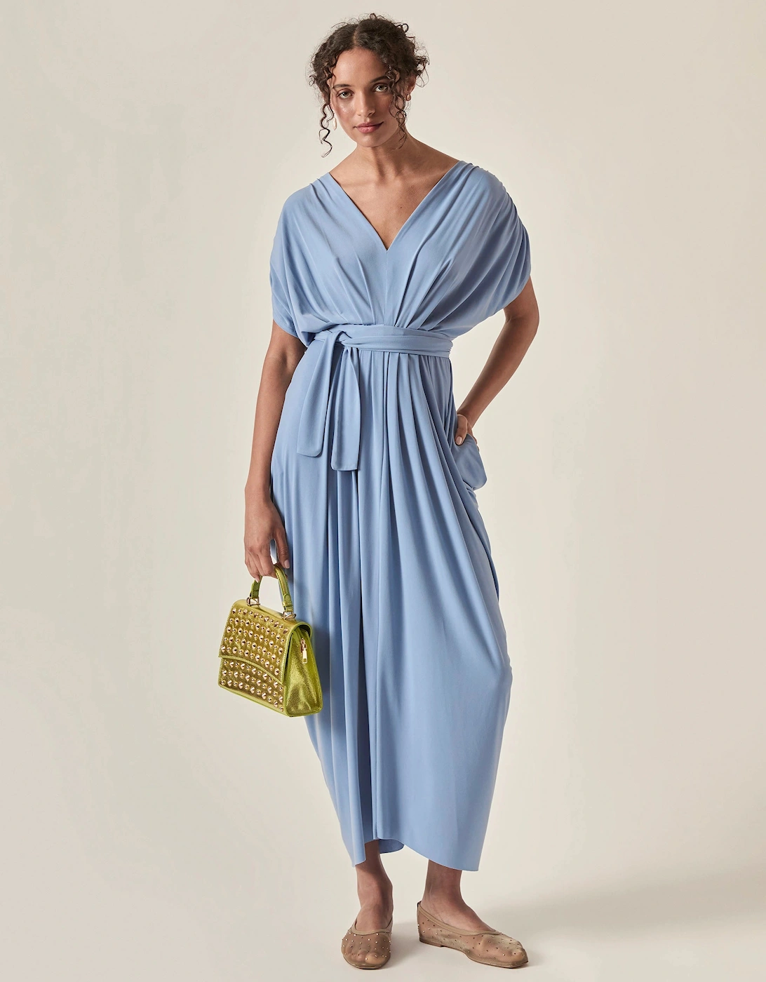 Draped Open-Back Midi Dress – Powder Blue