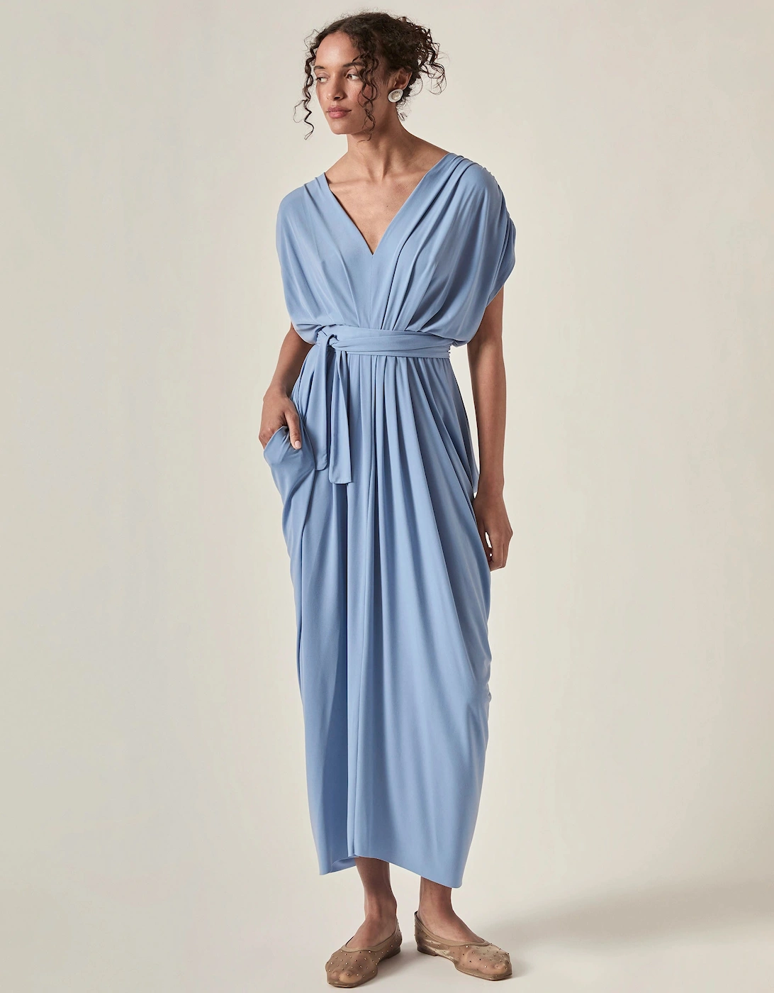 Draped Open-Back Midi Dress – Powder Blue