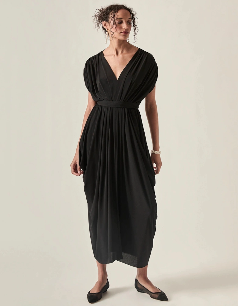 Draped Open-Back Midi Dress – Black
