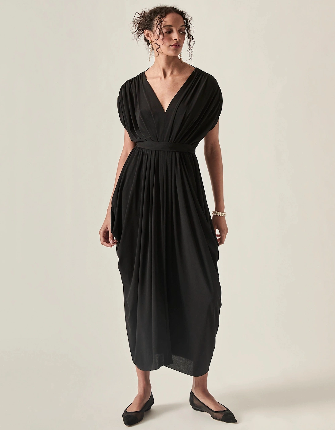 Draped Open-Back Midi Dress – Black