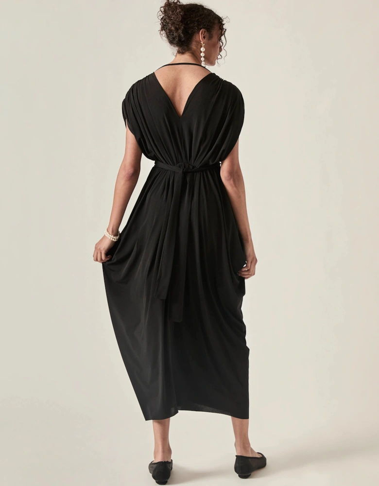 Draped Open-Back Midi Dress – Black