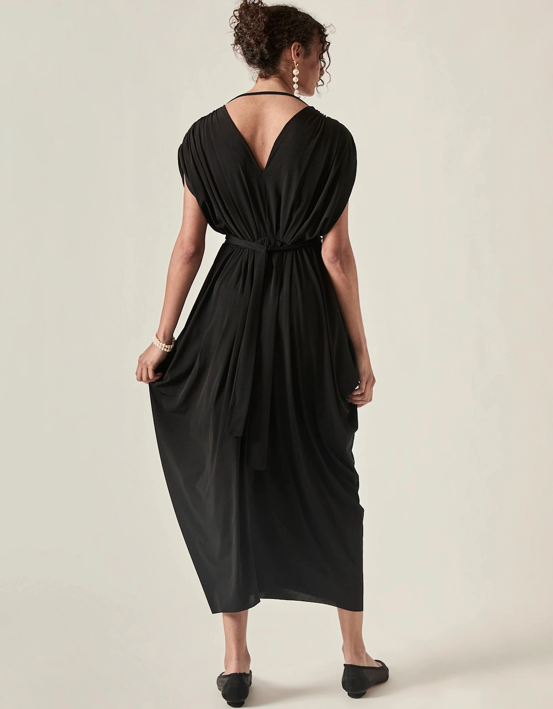 Draped Open-Back Midi Dress – Black