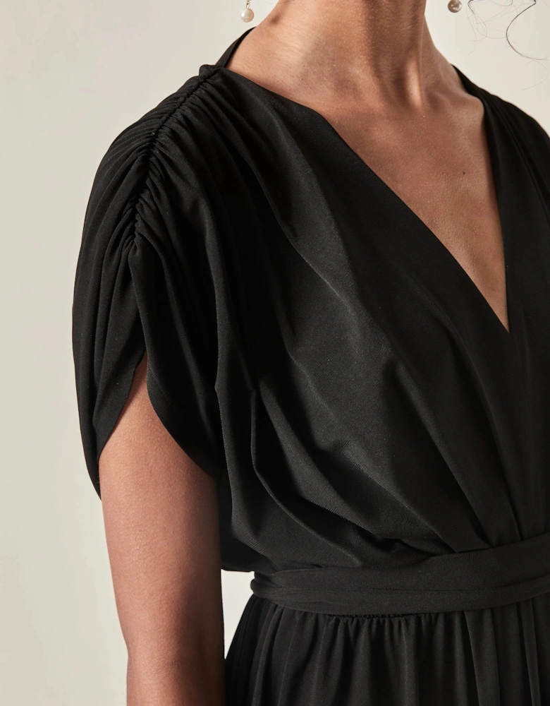Draped Open-Back Midi Dress – Black