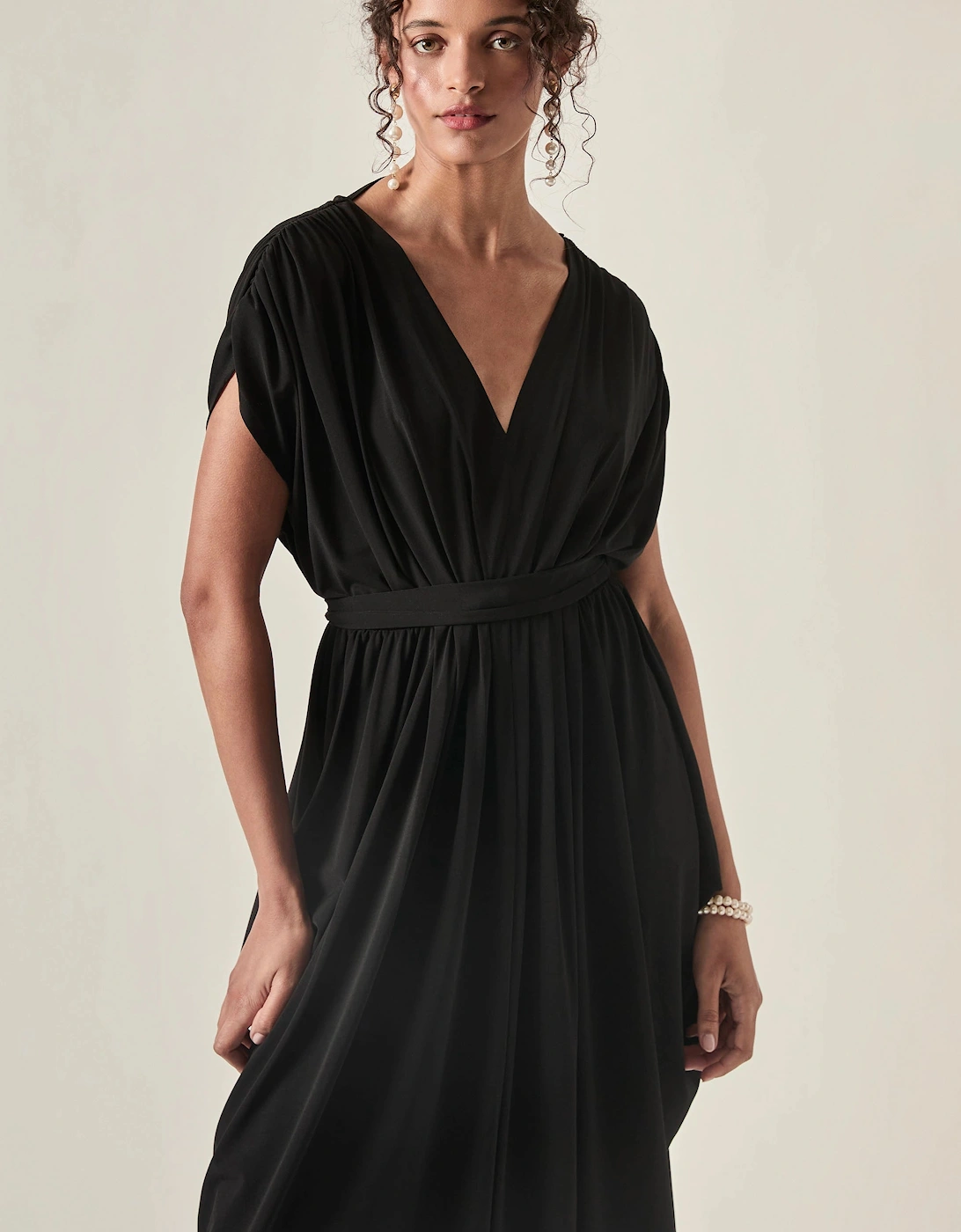Draped Open-Back Midi Dress – Black