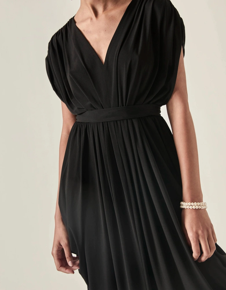 Draped Open-Back Midi Dress – Black