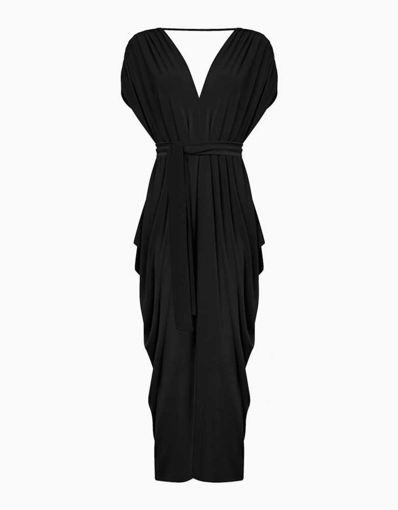 Draped Open-Back Midi Dress – Black