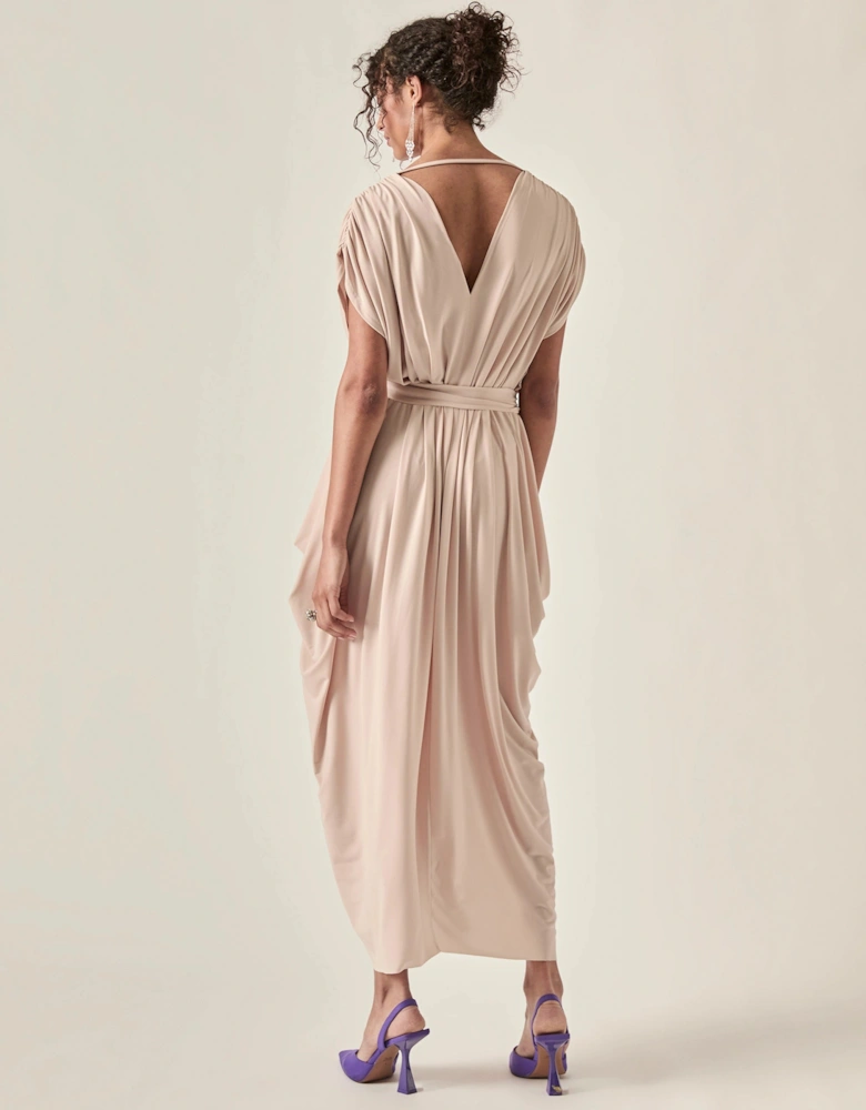 Draped Open-Back Midi Dress – Taupe