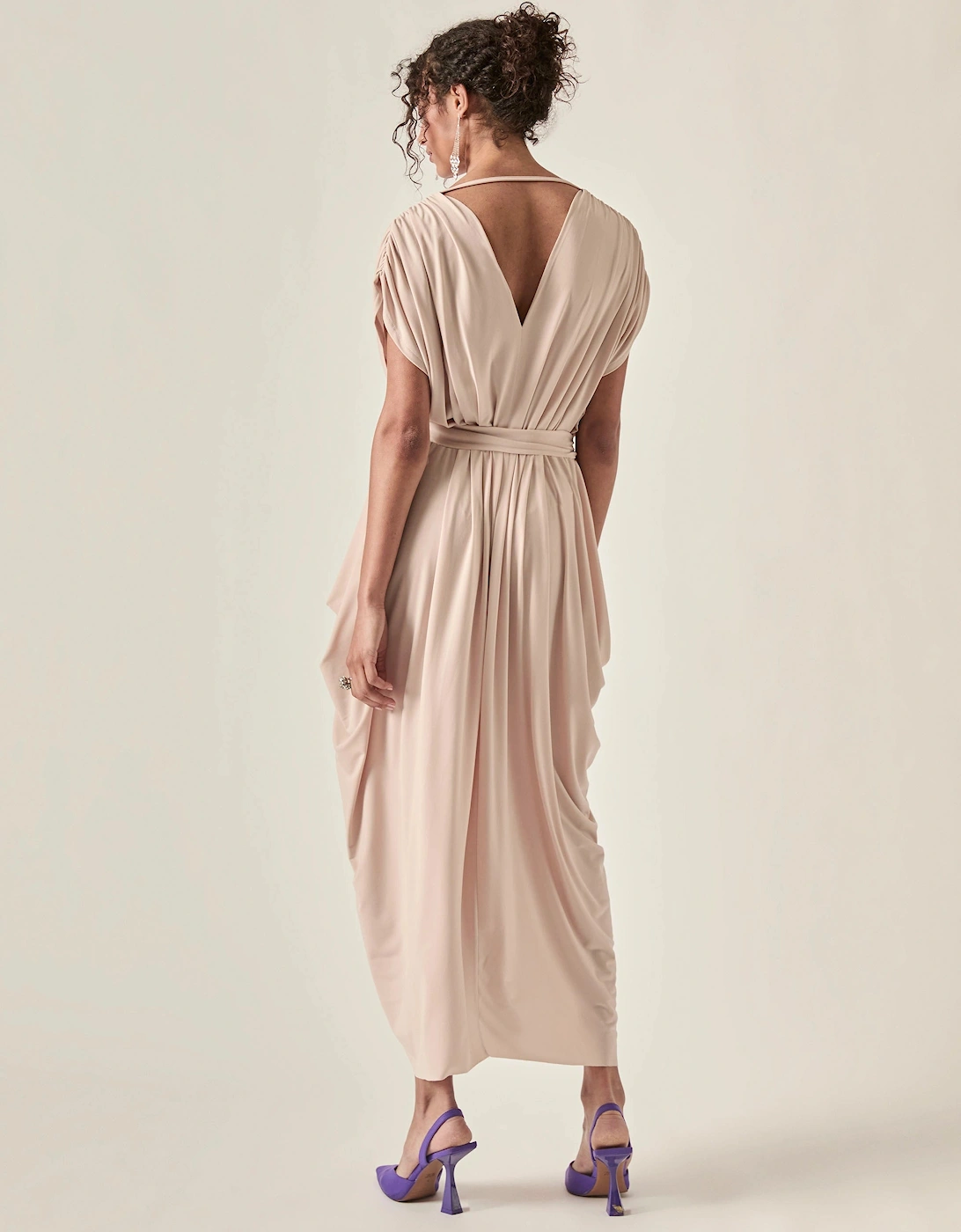 Draped Open-Back Midi Dress – Taupe