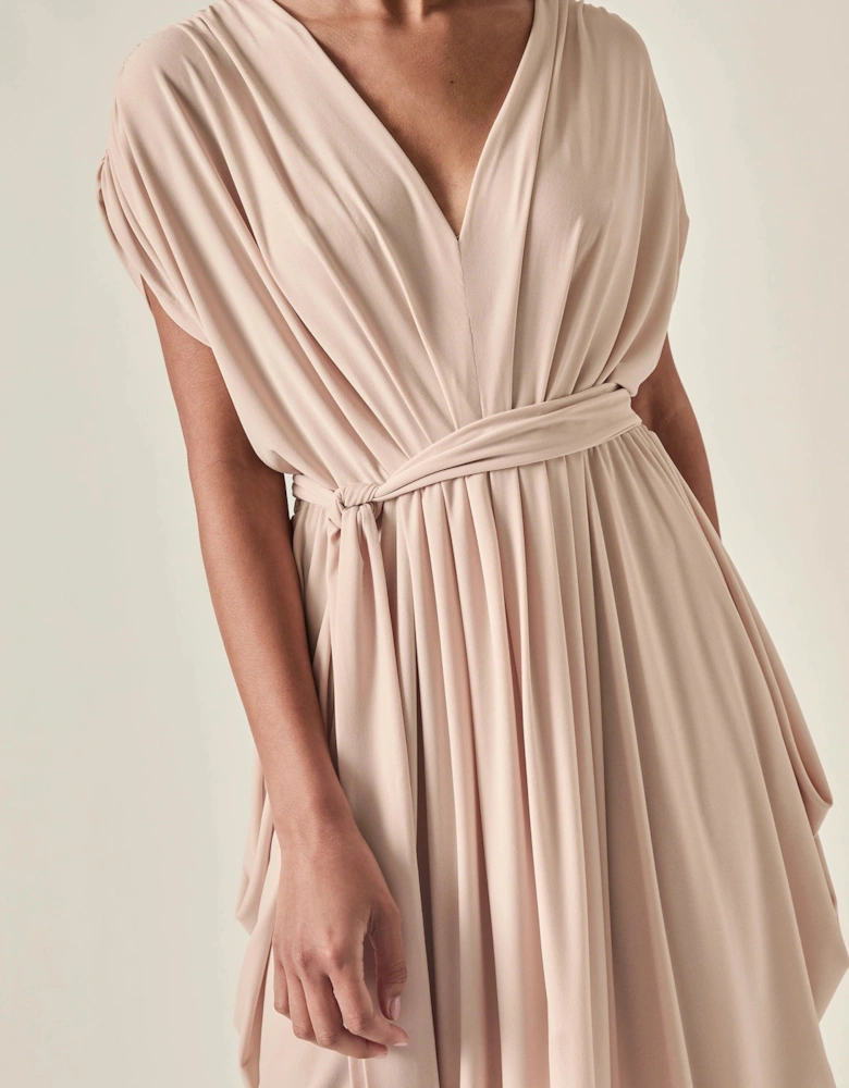Draped Open-Back Midi Dress – Taupe