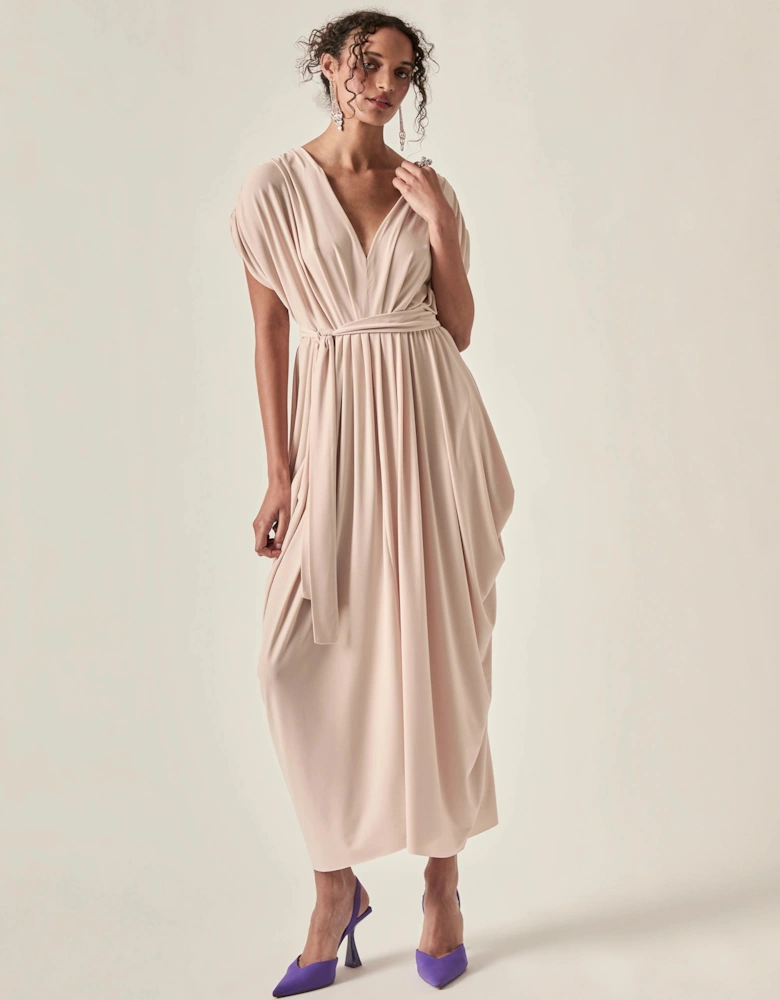 Draped Open-Back Midi Dress – Taupe
