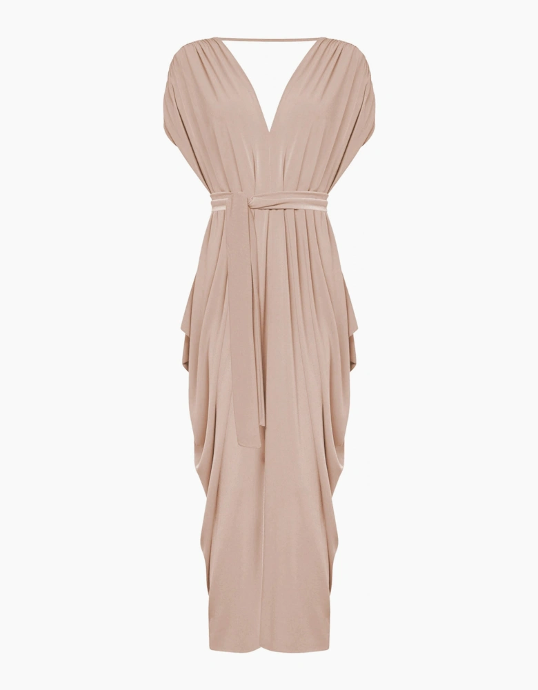 Draped Open-Back Midi Dress – Taupe