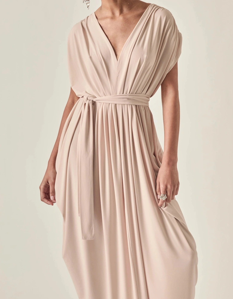 Draped Open-Back Midi Dress – Taupe