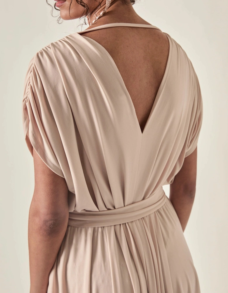 Draped Open-Back Midi Dress – Taupe