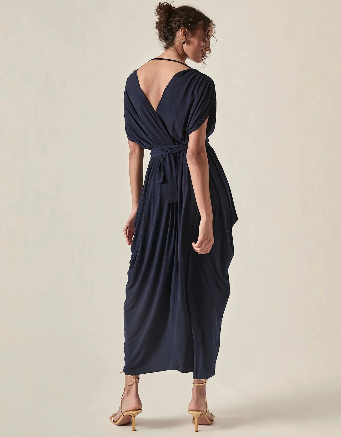 Draped Open-Back Midi Dress – Navy