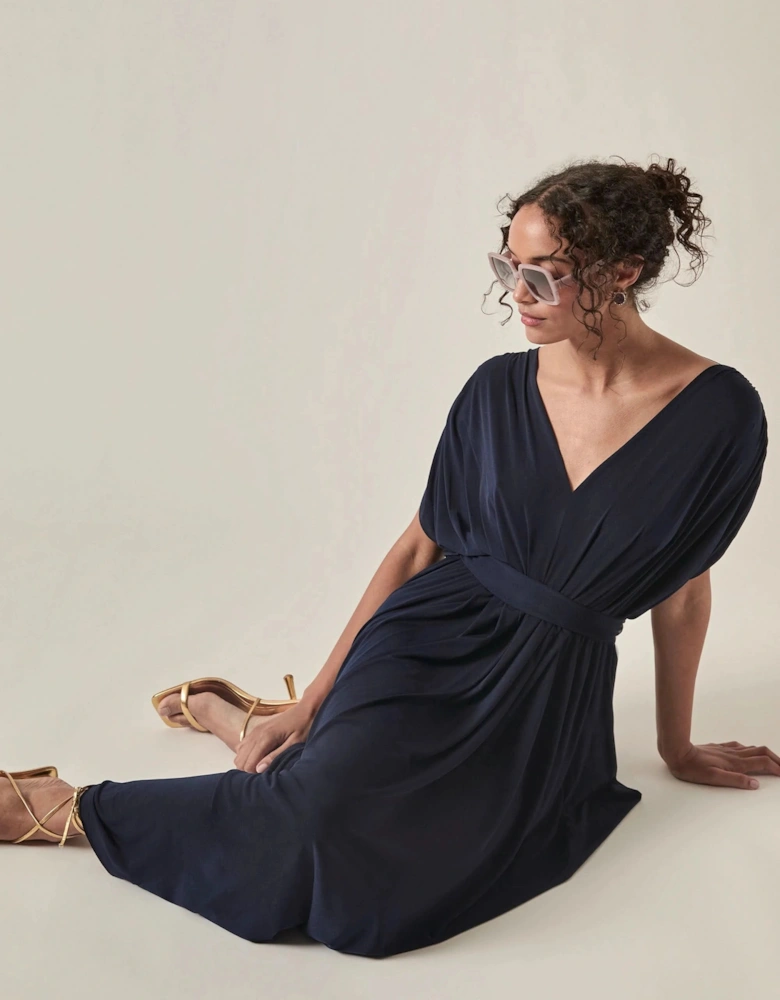 Draped Open-Back Midi Dress – Navy