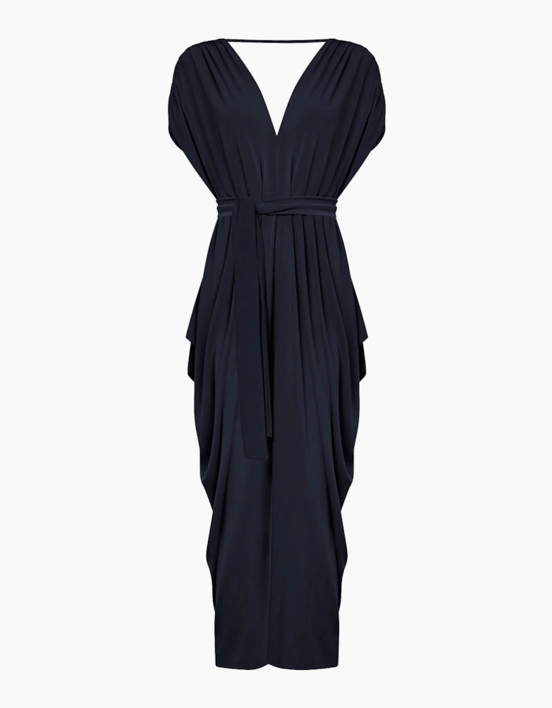 Draped Open-Back Midi Dress – Navy