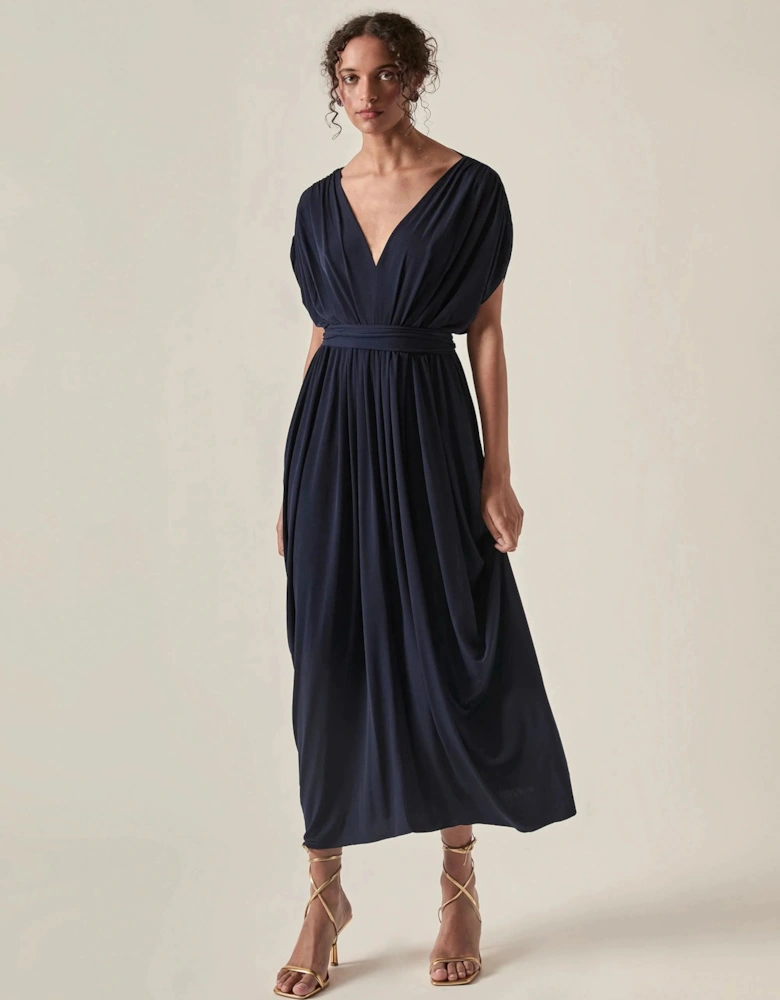 Draped Open-Back Midi Dress – Navy
