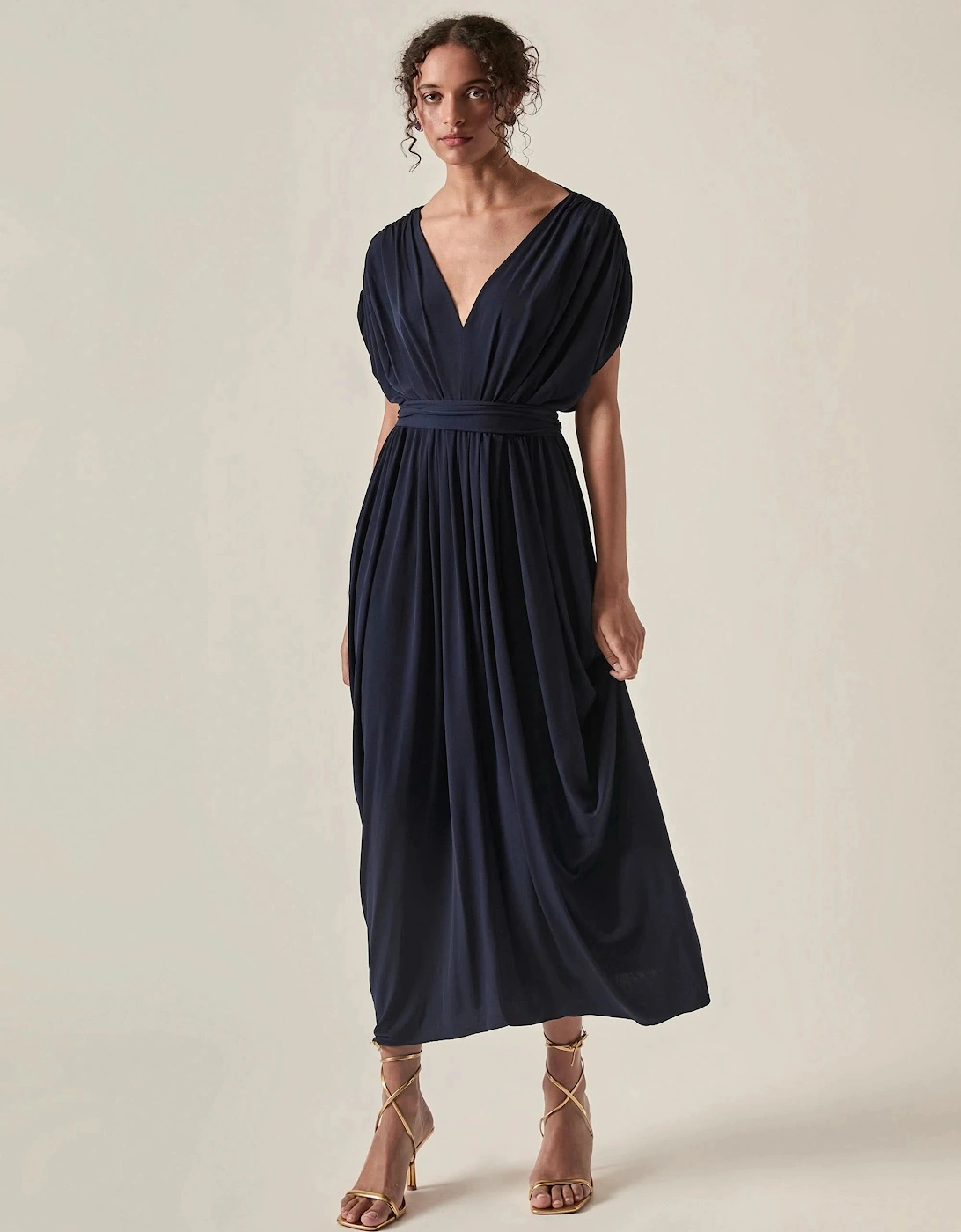 Draped Open-Back Midi Dress – Navy