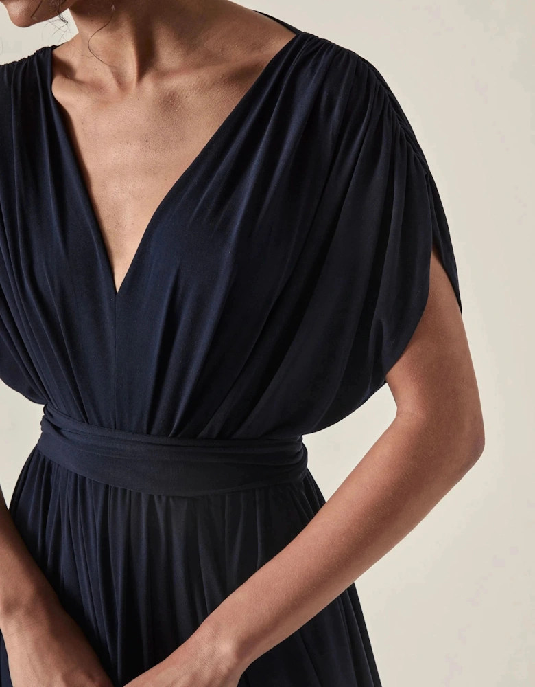 Draped Open-Back Midi Dress – Navy