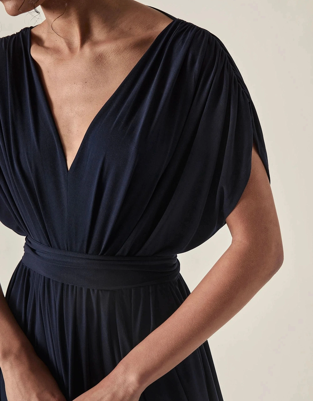 Draped Open-Back Midi Dress – Navy