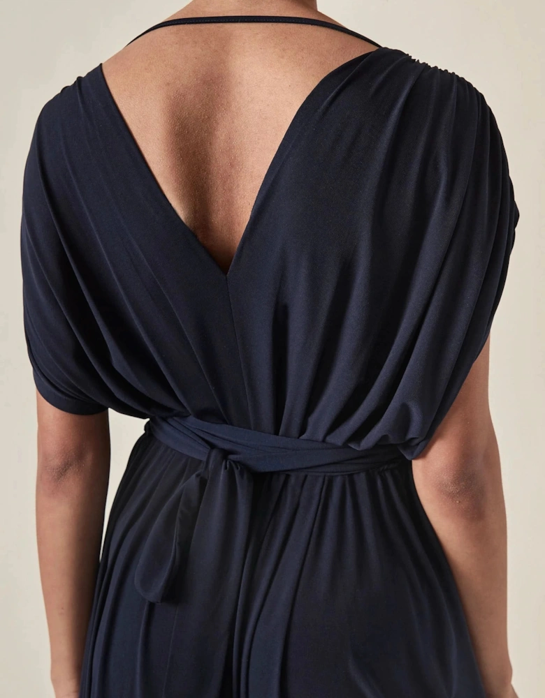 Draped Open-Back Midi Dress – Navy