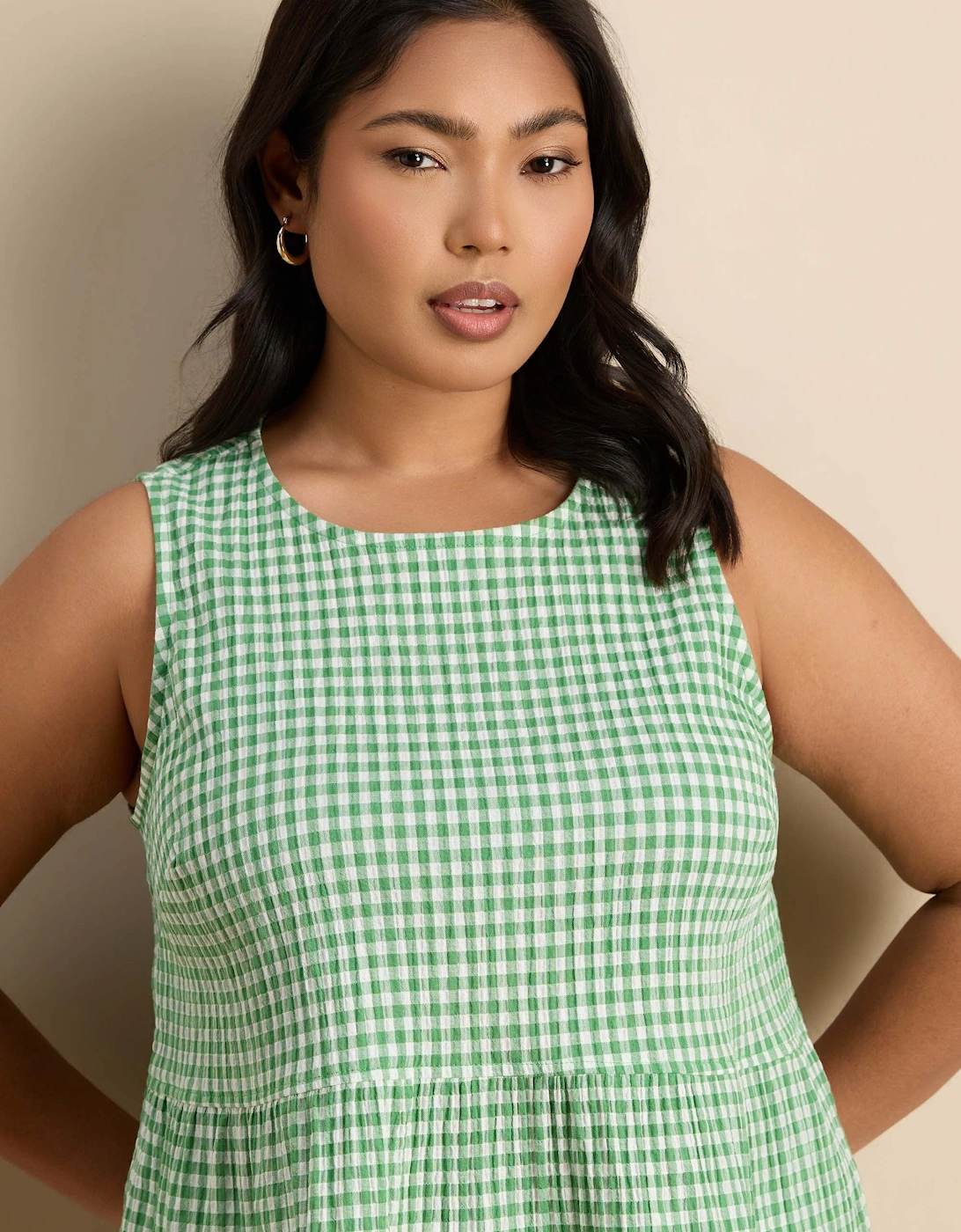 Green Gingham Cotton Peplum Top