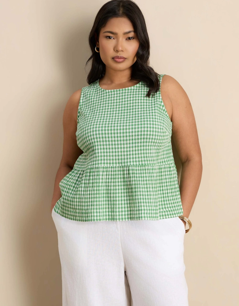 Green Gingham Cotton Peplum Top