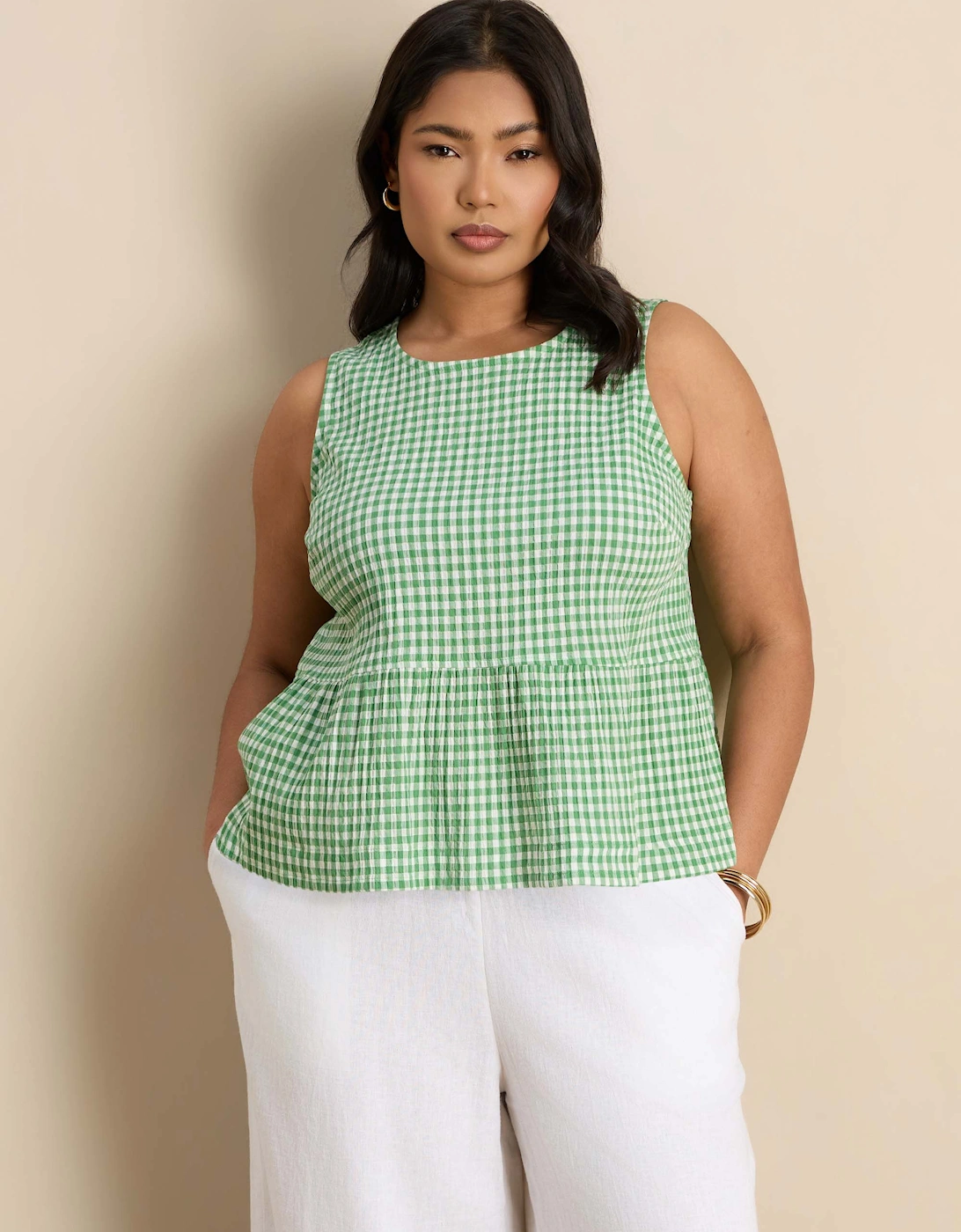Green Gingham Cotton Peplum Top