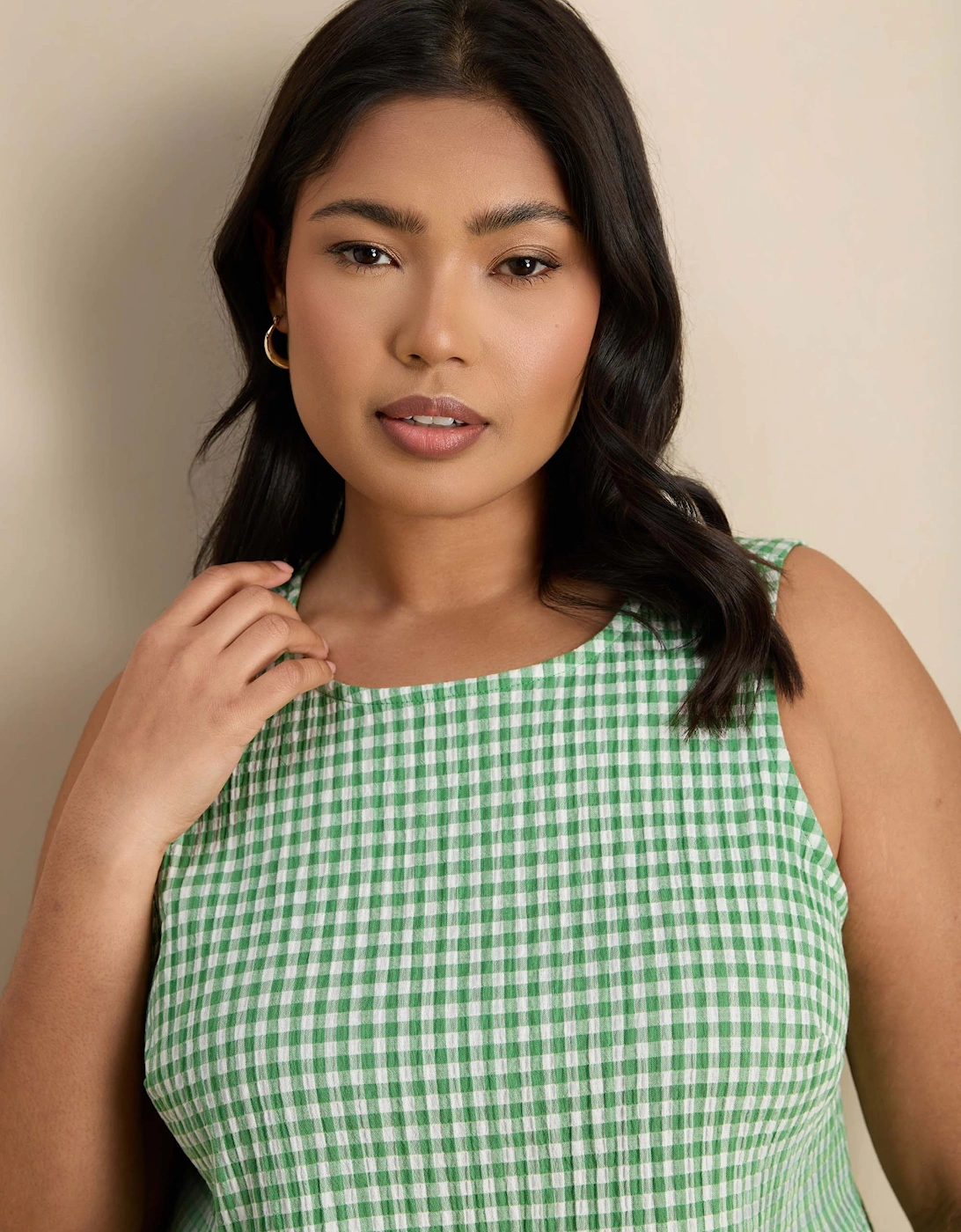 Green Gingham Cotton Peplum Top