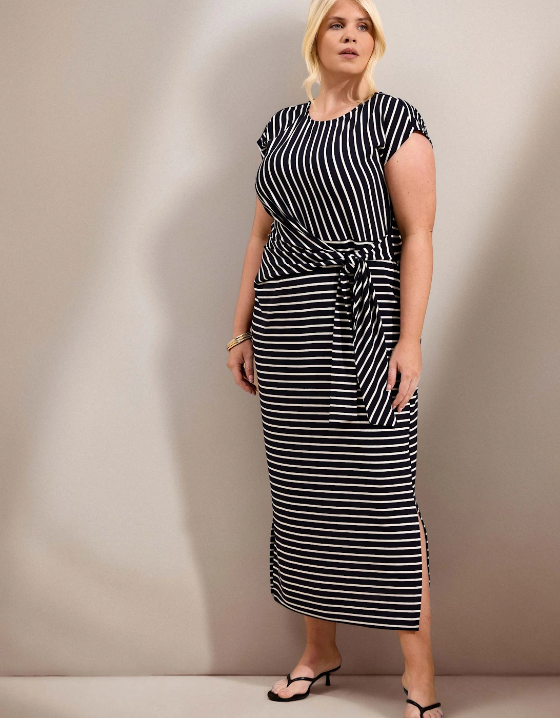 Live Unlimited London Live Unlimited London Women's Petite Navy Stripe Short Sleeve Tie Side Jersey Midaxi