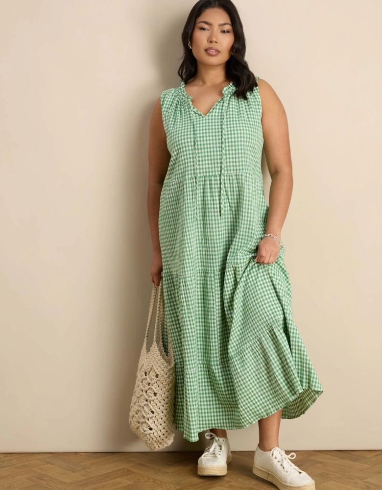 Petite Green Gingham Maxi Tiered Sleeveless Cotton Dress