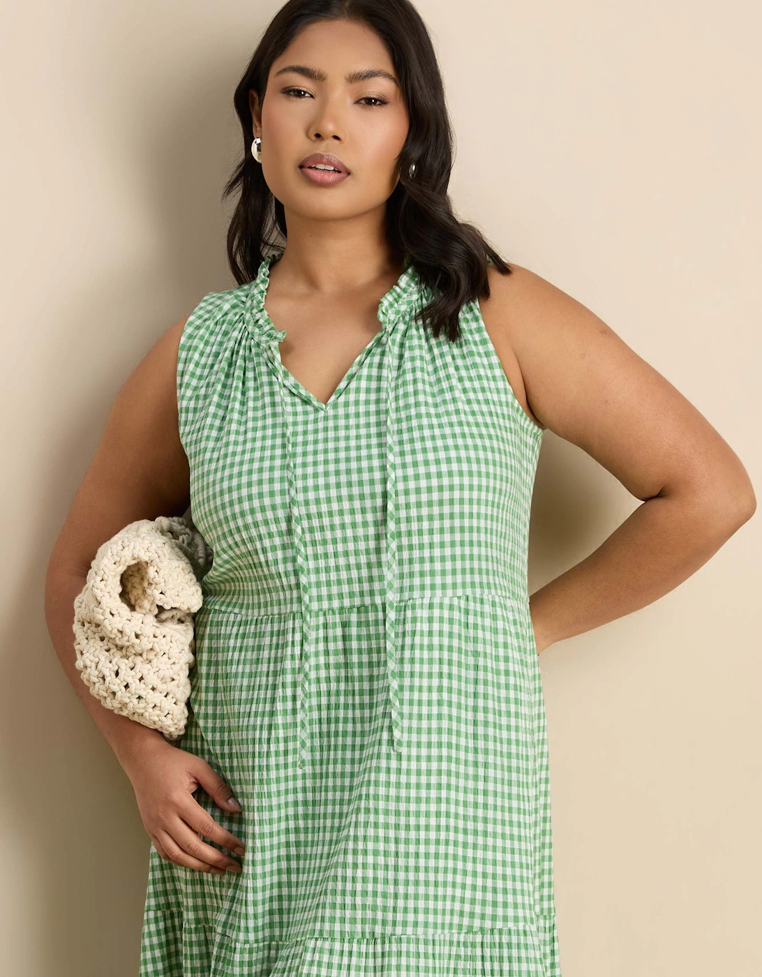 Petite Green Gingham Maxi Tiered Sleeveless Cotton Dress