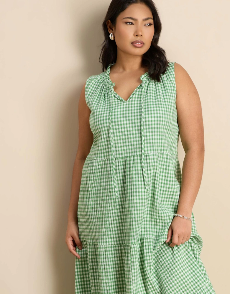 Petite Green Gingham Maxi Tiered Sleeveless Cotton Dress