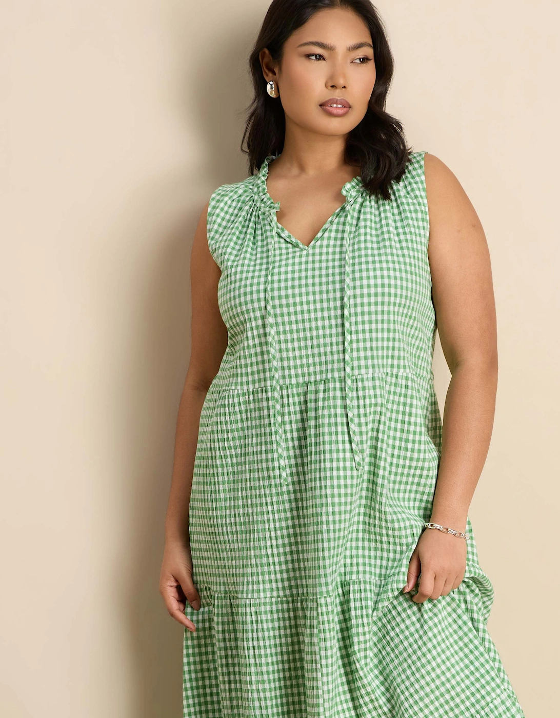 Petite Green Gingham Maxi Tiered Sleeveless Cotton Dress