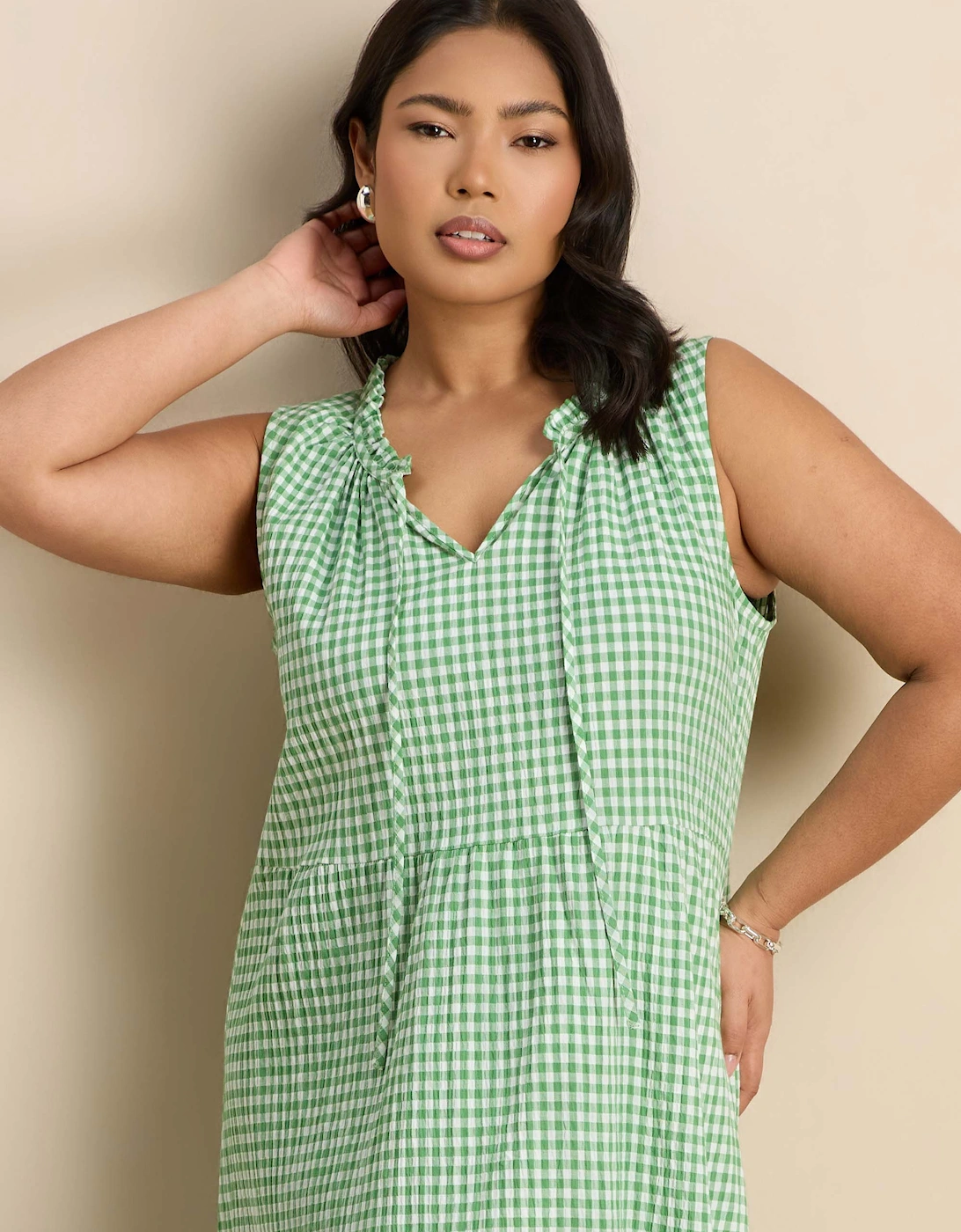 Petite Green Gingham Maxi Tiered Sleeveless Cotton Dress