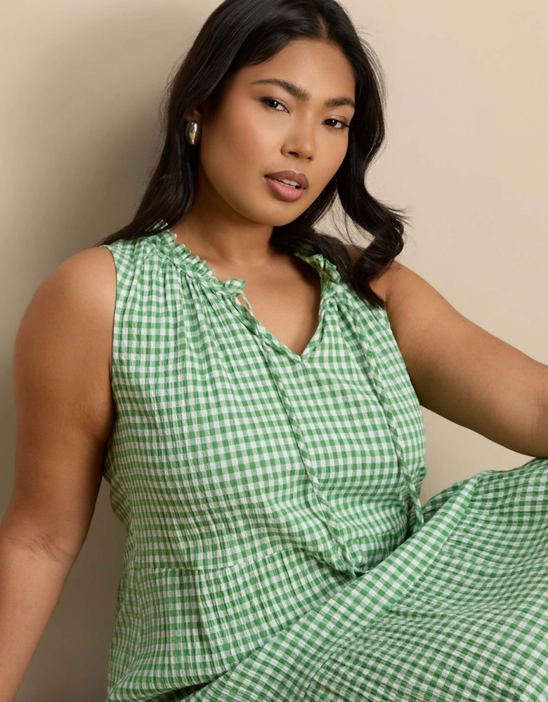 Petite Green Gingham Maxi Tiered Sleeveless Cotton Dress