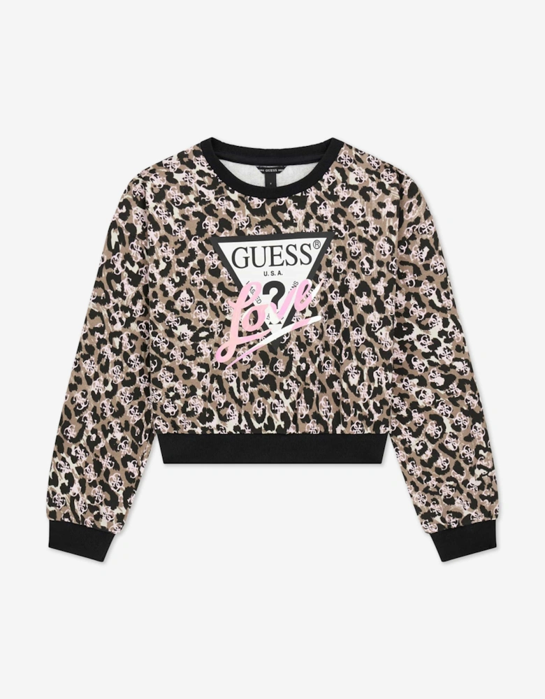 Guess Girls Leopard Print Midi Oversized Sweatshirt in Pink